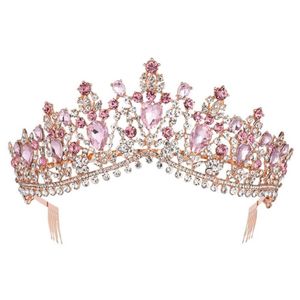 Barock Rose Gold Pink Crystal Bridal Tiara Crown med Comb Pageant Prom Rhinestone Veil Tiara Pannband Bröllop hårtillbehör Y206B