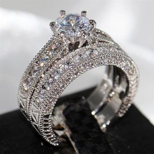 Retro smyckenälskare Claw Set 8mm Topaz Gem 14kt White Gold Filled 2-in-1womens Engagement Wedding Ring Set for Christmas Gift SZ 284D