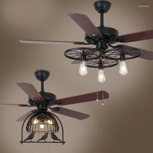 Industrial Vintage Retro Ceiling Fans With Wheel Chandelier Light Remote Control 110V 220V Bird Caged Lamp