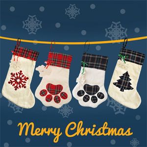 Dog Paw Christmas Stocking Large Hanging Red Plaid and White Sock 15.8 x 11.8" Xmas Tree Ornament Candy Gift Bag for Holiday Fireplace Decoration Accessory