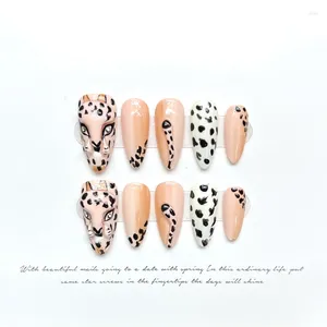 False Nails 10pcs Handmade Almond Wearable 3D Leopard Design Reusable Full Cover Artificial Wildness Nail Tips Art For Girls