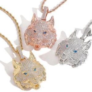 New Fashion Gold Plated Bling CZ Wolf Pendant Necklace for Men Women Hip Hop Jewelry with 3mm 24inch Rope Chain