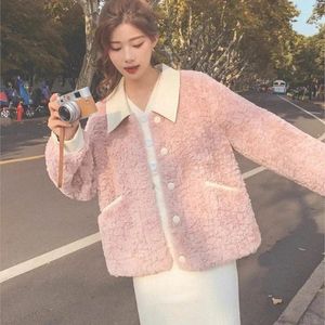 Women's Fur 2023 Winter Women Elegant Faux Coats Lady Pink Sweet Single Breasted Turn Down Collar Fashion Outwear