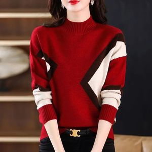 Kvinnors tröjor Autumn Winter Vintage Geometric Spliced ​​Sweaters Women's Stylish Half High Collar Chic Skruvtråd Kontrasterande färger Hoppare 231031