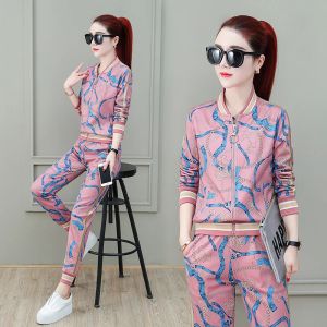 0C715232Y01 Kvinnor Anpassade träningsdräkter Autumn Sports Set Colorful Chain Mönster Fashion Print Slim Long Sleeve Casual Two Piece Set