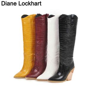 Kniehohe Western-Cowboy-Stiefel für Damen, lang, Winter, spitze Zehen, Cowgirl-Wedges, Motorrad, Schwarz, Gelb, Weiß, 220901