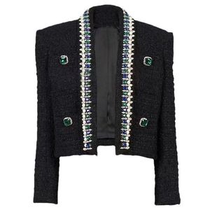 2024 New Winter Thicker Sweater Tweed Fabric Exquisite Shiny Diamonds Rhinestone Women Black Jacket for Ladies Luxury Coat