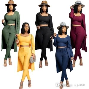 Autunno Inverno Donna 3pc Thread Pit Pants Outfit Sexy Crop Top manica lunga mantello e leggings