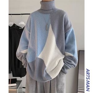 Męskie swetry Korea Turtleck Ins Sweater Mężczyźni Masowe jesień zimowe dzianiny kolory kolory patchwork modny streetwear męski dzianiny 220901