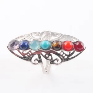 7 Chakra Healing Reiki Natural Stone Beads Rainbow Flower Justerbara ringar f￶r kvinnor Finger Ring Fashion Jewelry X3009