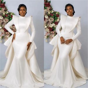 High Neck Wedding Dress for Women 2022 Bride Mermaid Satin vestido de novia Detachable Train Long Sleeved Wedding Gowns