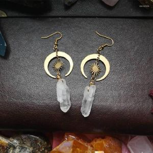 Brincos dangados Tribal Witchy Tribal Sun Crescente Brass Color Dourado Jóias Hippie Bohemia Aniversário Magical Clear Stone Ponto Mulheres Presente