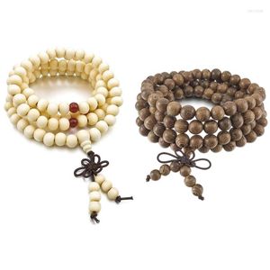 Catene 2 Pz 8Mm Bracciale In Legno Catena Buddista 108 Pz Perlina Preghiera Nodo Cinese Elastico Uomo Donna Bianco Grigio