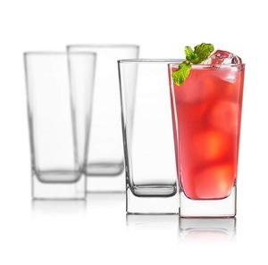 Highball-Gläser, Trinkgläser, bleifreies, kristallklares Glas, elegante Trinkbecher für Wasser, Wein, Bier, Cocktails und Mixgetränke, runde Oberseite, quadratischer Bot