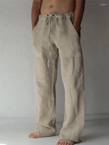 Erkek Pantolon Rahat İpli Kravat Orta Bel Gevşek Erkekler İlkbahar Yaz Vintage Katı Pamuk Keten Pantolon Moda Erkek Düz
