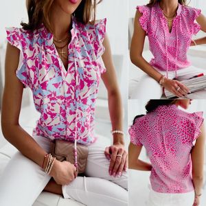 Damenblusen, Sommer-Batik-Bluse, Damen, sexy Spitze, V-Ausschnitt, Rüschenärmel, Aufdruck, rosa Pullover, Top, Damen, Bürokleidung, lässig, locker