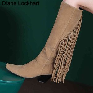 Boots Trendy Bohemia Fringe knee high boots Square Heels Western Comfy Walking Vintage Women Casual Party Shoes New Thigh 220901