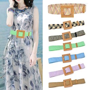 Belts Women Bohemian Straw Wide Belt Wood Square Buckle Stretch Cummerbund Vacation Linen Woven Waist Girl Dress Decoration