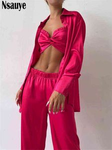 Women's Tracksuits Nsauye Elegant Fashion Satin Women Tracksuit Pants Loungewear Casual Set Loose Y2K Shirt Tops And Wide Leg Pants Three Piece Set T220827