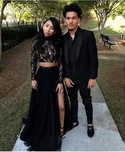 Two Piece Black Prom Dresses Long Sleeves A Line Tulle Side Split Evening Party Gowns Black Girl Formal