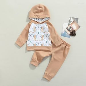 Set di abbigliamento 2 pezzi Set autunnale Abiti Pantaloni Felpa con cappuccio Bambine Ragazzi Abiti Bambini Pantaloni a maniche lunghe con stampa di piante leopardate