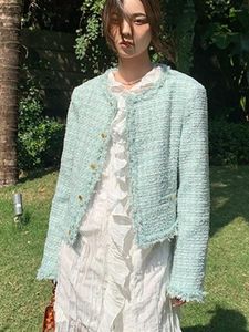 Kvinnorjackor högkvalitativa myntgrön tweed Kvinnorjacka Päls liten doft koreansk mode söt elegant temperament outwear