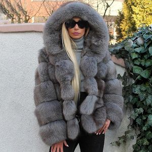 Damen Pelz dunkelgrau Kapuzenmäntel für Frauen Winter Mode natürliche Jacken dicke warme Oberbekleidung High Street Outfit