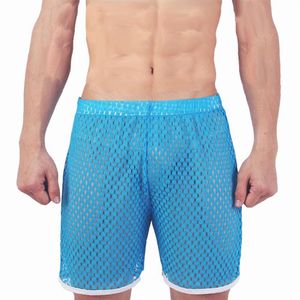 Mesh Men Shorts Sexy Beach Board Voir à travers Fishnet Gay Male Stage Loose Hollow Out Blue Red Black Blanc Men's320a