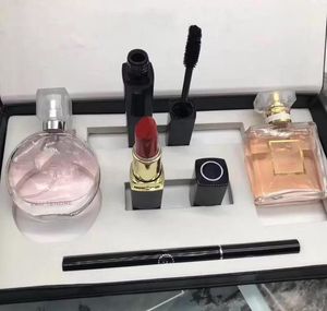 Conjunto de maquiagem de marca de alta qualidade 15ml perfume batons delineador rímel 5 peças com caixa kit de cosméticos para lábios para presente feminino entrega rápida