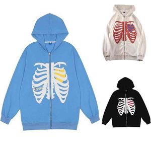 Men's Hoodies Y2K Harajuku Korean Style Loose Skeleton Zip Up Hoodie Goth Grunge Long-Sleeved Hooded Jacket Retro Black Sweatshirt 0901H