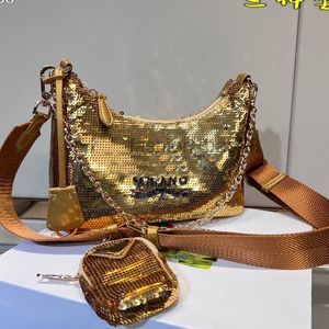 Paillettes Hobo Bag Borse sotto le ascelle Borsa a tracolla Moda Set di tre pezzi Stampa di lettere luccicanti Tracolla larga rimovibile Nylon patch di luce rotonda Borsa da donna 2022