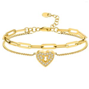 Bracelets de liaison bracelet en couches délicats pour les femmes chaîne de trombone initiale avec un pendentif en forme de coeur mignon simple acier inoxydable de luxe