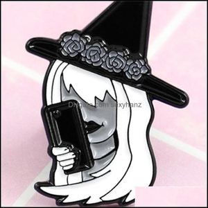 Pins Brooches Classic Witch Image Brooch Basic With Phone And Flower Crown Enamel Pin Denim Backpack T-Shirt Badge Halloween Punk Gi Dhr6P