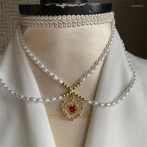 Girocollo stile rinascimentale collana di perle finte a doppio filo per donna ragazza a strati di cuore con ciondolo rosso - pietra di granato