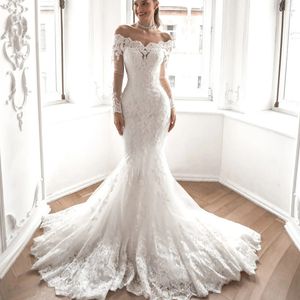 Sexy Frauen-Hochzeitskleid, weiße Spitze, Applikationen, Brautkleid, schulterfrei, lange Ärmel, Tüll, Meerjungfrau, bodenlang, nach Maß