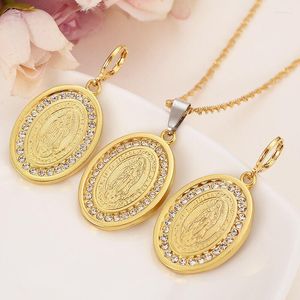 Brincos de colar Set Mãe Virgem Maria Pingente Defesa Mulheres 18 K Solid G/F Fine Gold Catholic Religious Crystal Jewelry Gift