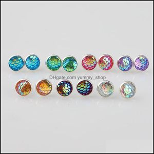 Stud 10Mm 12Mm Resina Squama di Pesce Sier Placcato Orecchini a Bottone Drusy Druzy Orecchini Gioielli Donna Festa Regalo Vestito Caramelle Colori Goccia Consegna Dhmx4