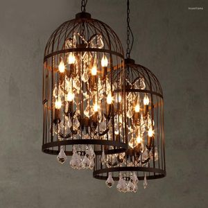 Lâmpadas pendentes American Vintage Restaurante Bird Cage Crystal lustre Lâmpada Home Deco Living Room E14 LED Villa Rust Iron Light