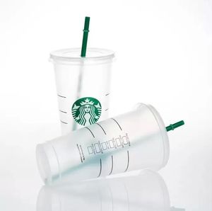 Starbucks 24oz/710 ml plastmuggar Tumbler ￥teranv￤ndbar klar svart dricka platt botten pelare form lock halskoppar bardian