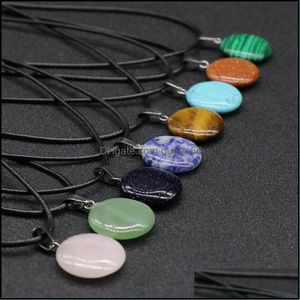 Pendant Necklaces 20Mm Flat Round Stone Crystal Quartz Opal Pendant Necklace Leather Chains For Men Women Fashion Jewelry Drop Deli Dhbkm