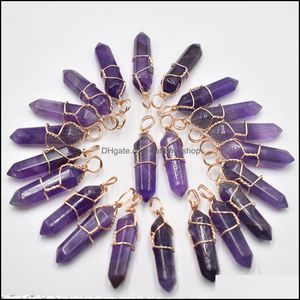 Charms Amethyst Stone Filar Kształt punkt Pendum Charms ręcznie robione złoty kolor żelazny drut wisiorki do mody robienia hurtowej dr dh1tc