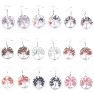 Natural Chips Stone Dangle Chandelier Tree of Life Wire Wrap Round Silver Hook Drop Earring For Women Gift Jewelry BR343