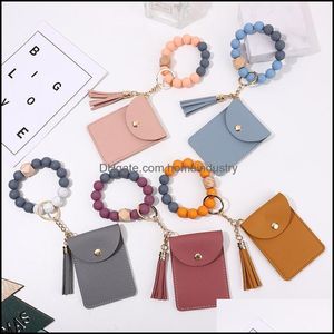 Party Favor Party Favor Mtif Keychain Wood Beads Key Ring And Card Wallet Pu Leather Matching Wristlet Bag For Women Girl Drop Delive Dh4Ju