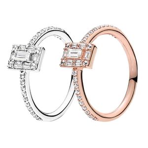 Damen Mädchen Quadratische Halo Eheringe Authentischer 925er Silber Roségold Partyschmuck Für Pandora CZ Diamant Verlobungsring Set mit Originalverpackung