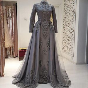 M￶rkgr￥ spets muslimska kv￤llskl￤nningar 2022 High Neck Islamic Dubai Arabic Formal Dress A-Line Long Sleeves Party Prom Gowns