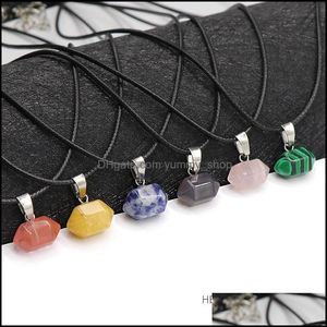 Pendant Necklaces Hexagonal Stone Crystal Quartz Opal Long Teardrop Pendant Necklace Leather Chains For Men Women Fashion Jewelry D Dhd4W