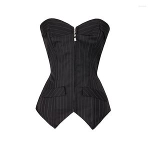 Bustier Corsetti Sexy corsetto overbust a righe nere per le donne alla moda Office Lady Everyday Club Wear Bustier Zip Up Corselet Top Plus Size