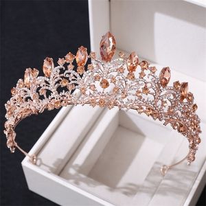 Bröllopshår smycken barock retro rosguld persika kristall brud tiaras krona tävling diadem slöja tiara pannband tillbehör 220831