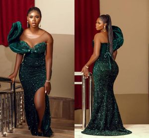 Hunter zielone cekinowe sukienki balowe ASO EBI Style Plus Size Lace do tylnej części Split Mermaid African Evening Party Dress