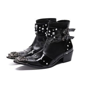 Punk rebites homens homens genuínos de couro de metal pontiagudo pontilhado botas de moto de calcanhar médio cowboy ocidental botas curtas